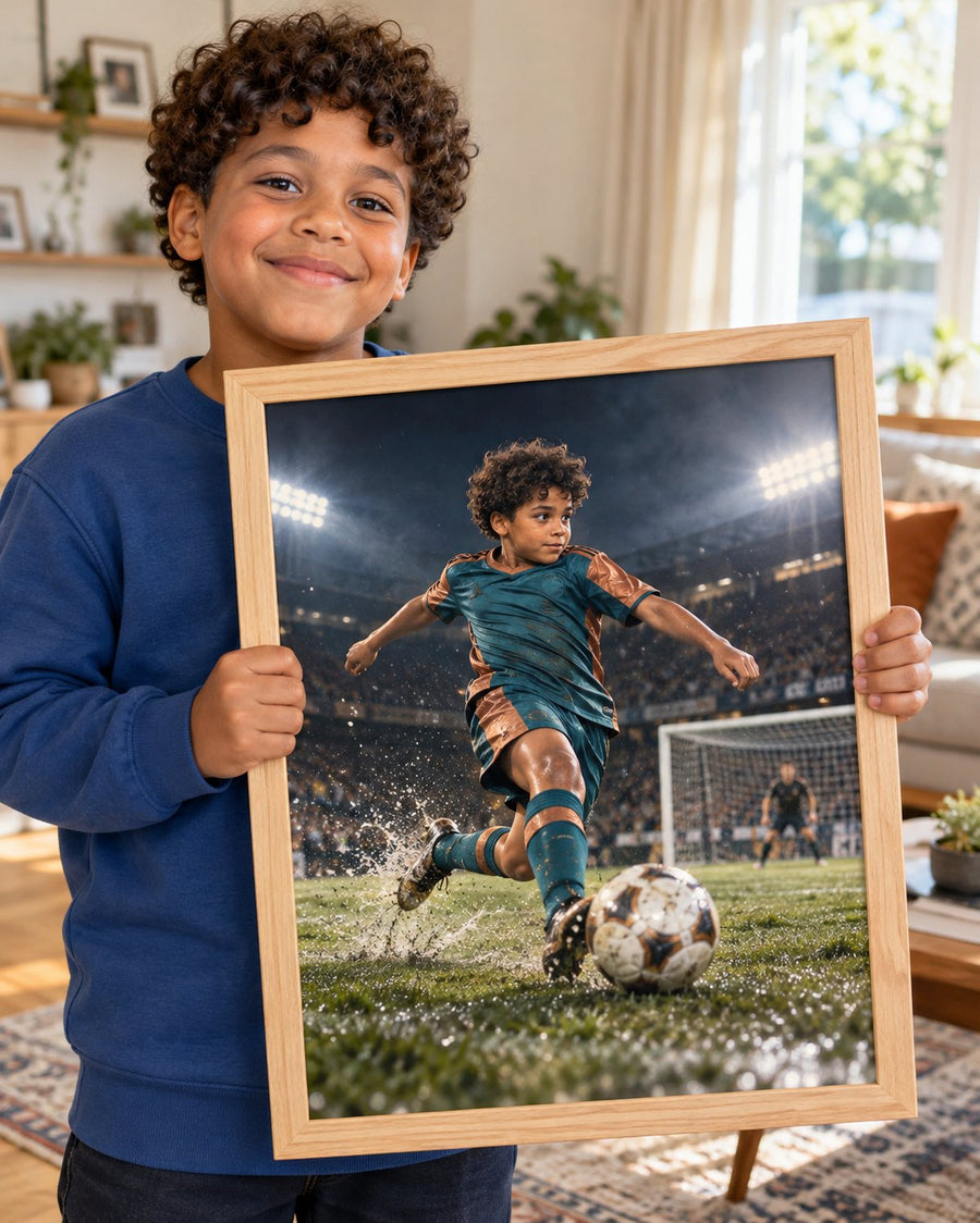 Wizualizacja AI: Gol marzeń, Mistrz Areny. Fikcyjna osoba prezentuje personalizowany portret.