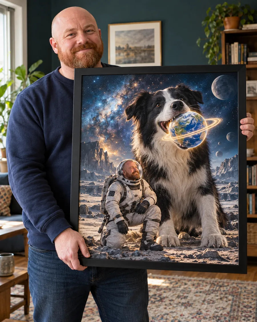 Wizualizacja AI: przykład 2, Epicki Zwierzak. Fikcyjna osoba prezentuje personalizowany portret.