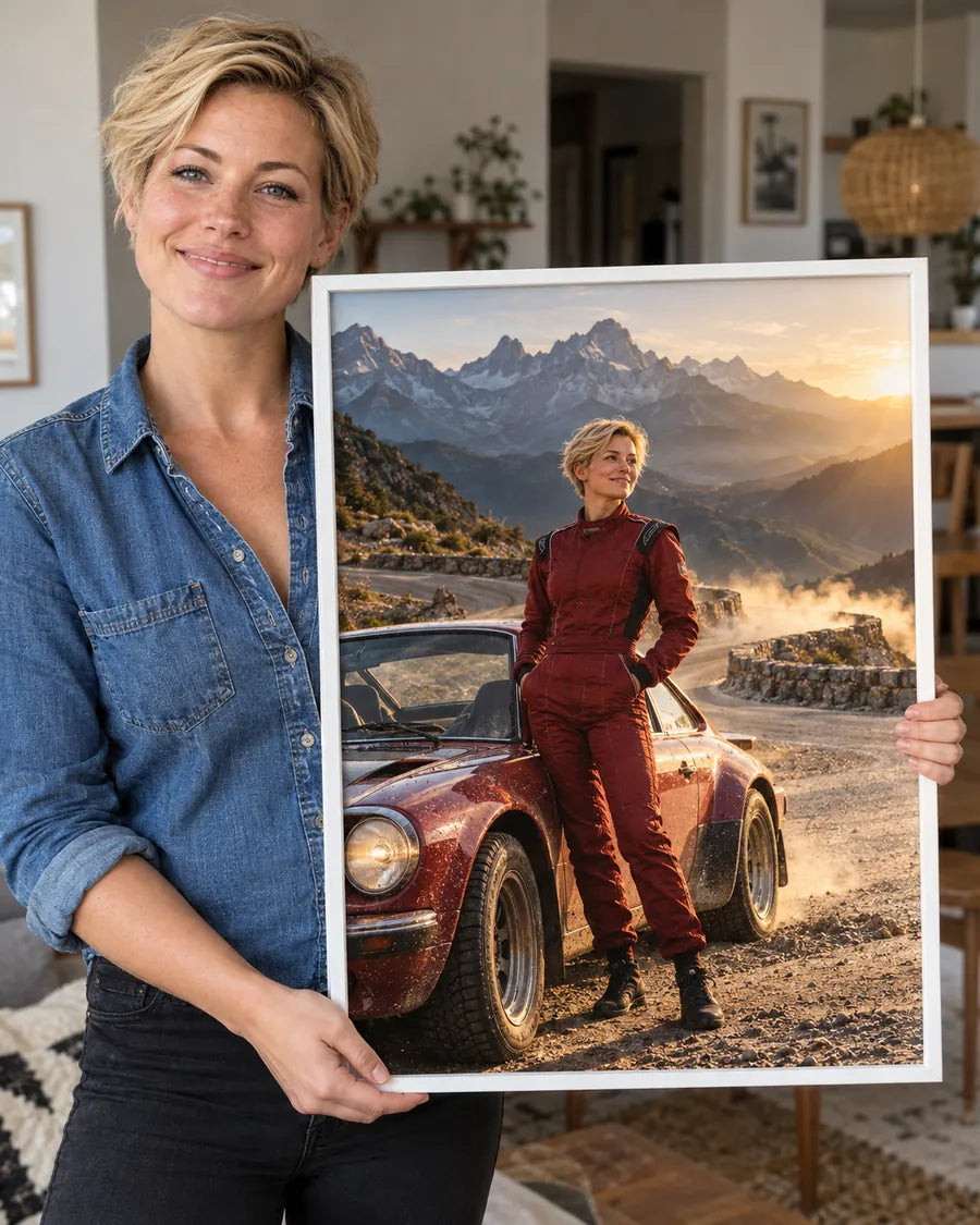 Wizualizacja AI: przykład 2, Pełny Gaz. Fikcyjna osoba prezentuje personalizowany portret.