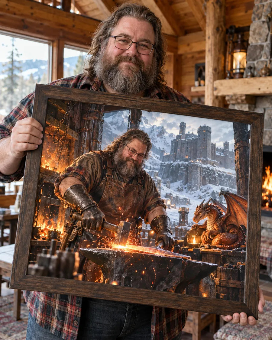 Wizualizacja AI: przykład 2, Smocza Legenda. Fikcyjna osoba prezentuje personalizowany portret.