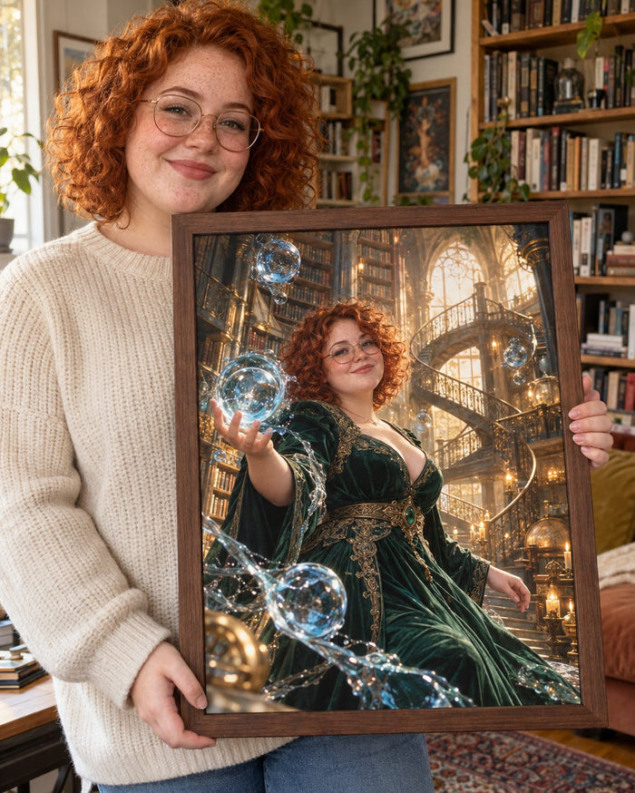 Wizualizacja AI: Biblioteka żywiołów, Akademia Magii. Fikcyjna osoba prezentuje personalizowany portret.