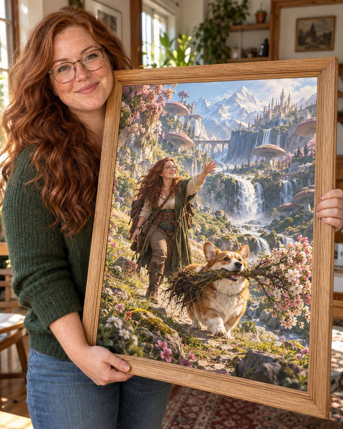 Wizualizacja AI: Baśniowy aport, Epicki Zwierzak. Fikcyjna osoba prezentuje personalizowany portret.