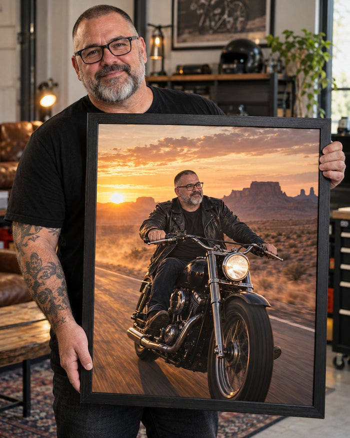 Wizualizacja AI: Motocyklowy zachód, Pełny Gaz. Fikcyjna osoba prezentuje personalizowany portret.