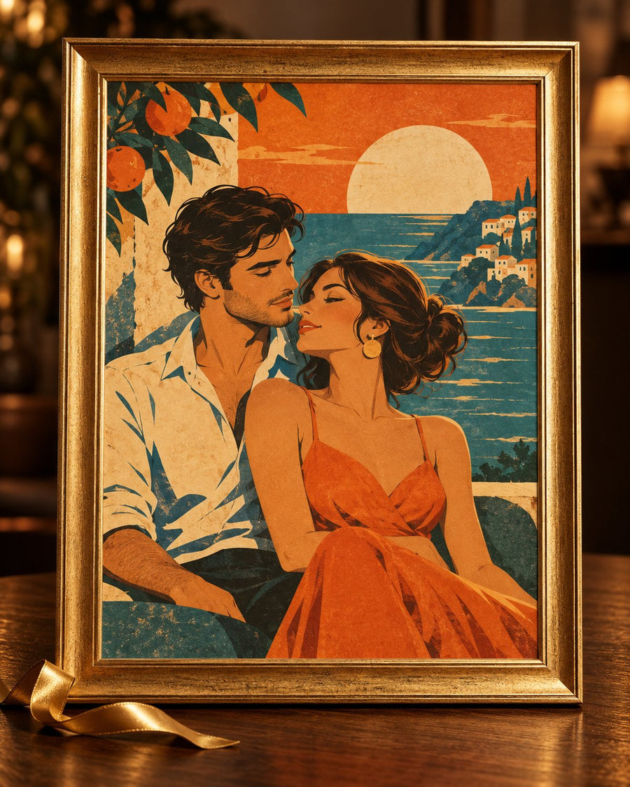 Portret w stylu retro plakatu w ramie na ciemnym drewnianym stole