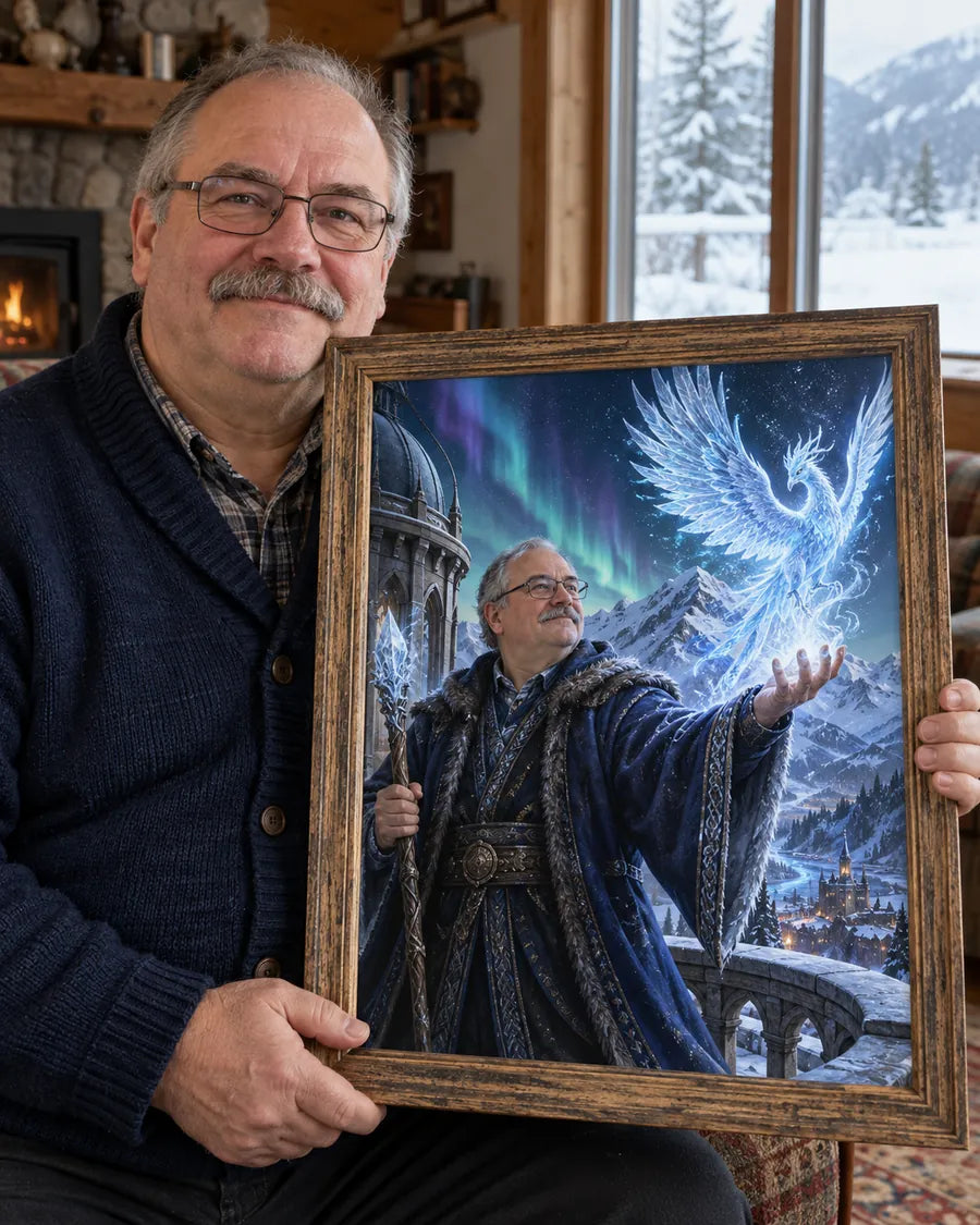 Wizualizacja AI: Mistrz zimowej wieży, Akademia Magii. Fikcyjna osoba prezentuje personalizowany portret.