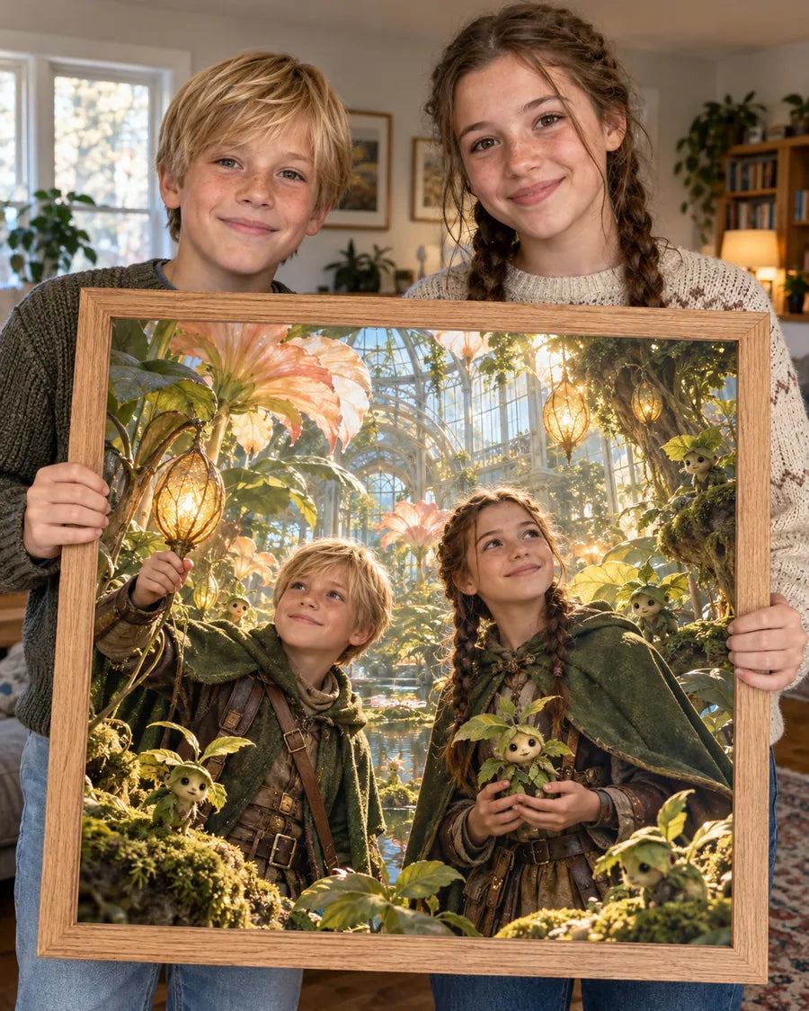 Wizualizacja AI: Rodzeństwo w szklarni, Akademia Magii. Fikcyjna osoba prezentuje personalizowany portret.