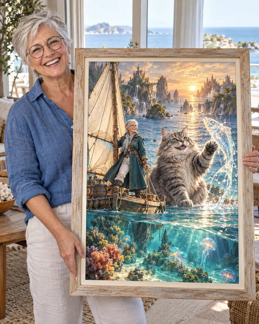 Wizualizacja AI: Koci władca oceanu, Epicki Zwierzak. Fikcyjna osoba prezentuje personalizowany portret.