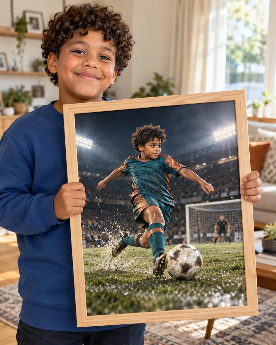 Wizualizacja AI: Gol marzeń, Mistrz Areny. Fikcyjna osoba prezentuje personalizowany portret.