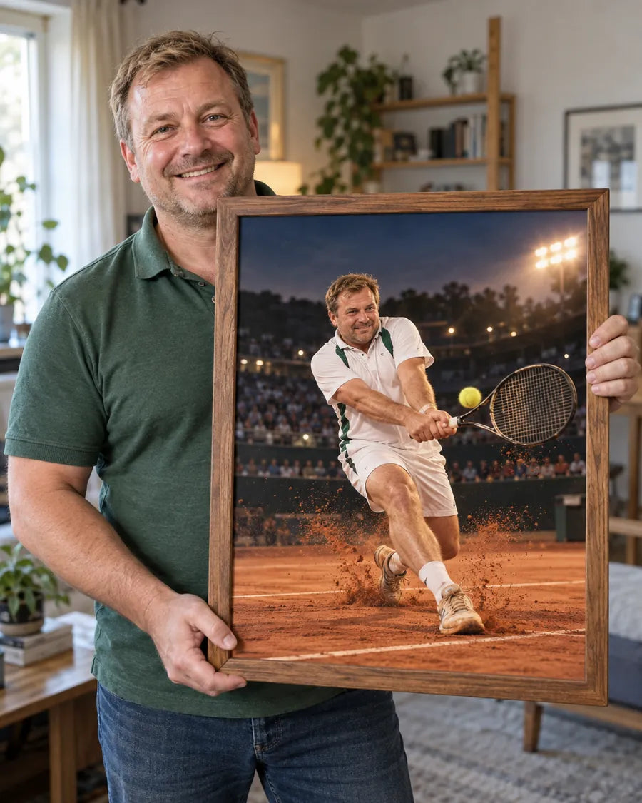 Wizualizacja AI: Mecz życia, Mistrz Areny. Fikcyjna osoba prezentuje personalizowany portret.
