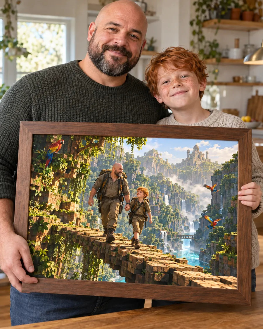 Wizualizacja AI: Tata i syn na wyprawie, Pikselowa Przygoda. Fikcyjna osoba prezentuje personalizowany portret.