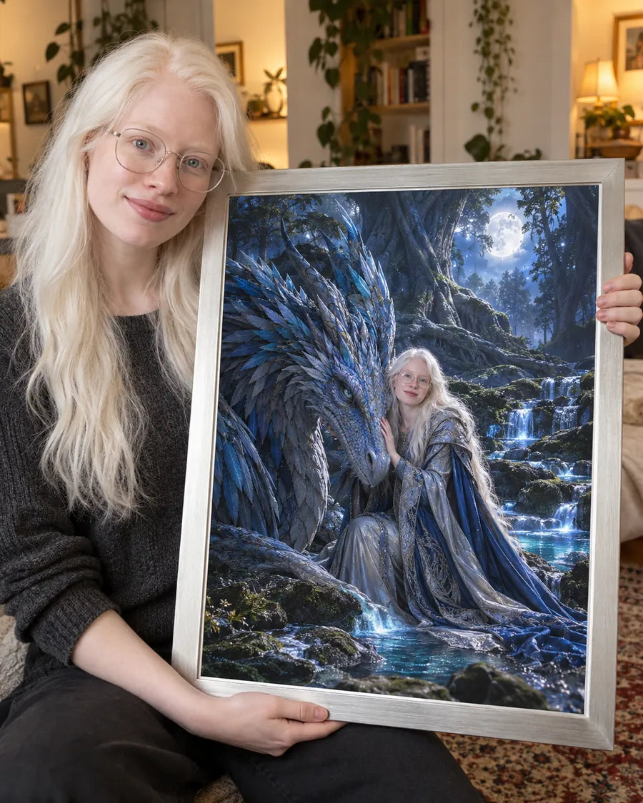 Wizualizacja AI: przykład 3, Smocza Legenda. Fikcyjna osoba prezentuje personalizowany portret.